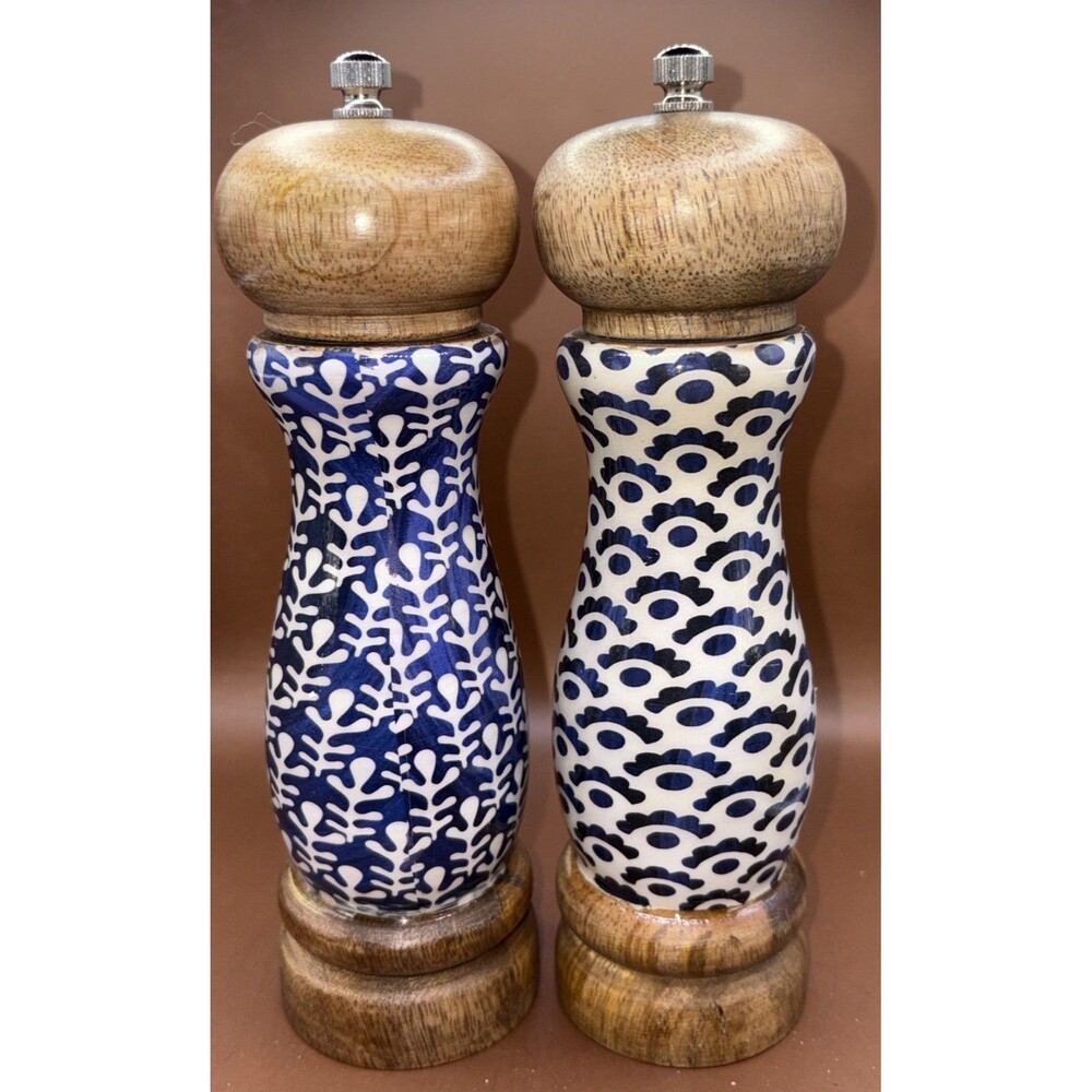 Mud Pie Indigo Mango Wood Salt & Pepper Grinder Mill Set Blue White 8" Unmarked
